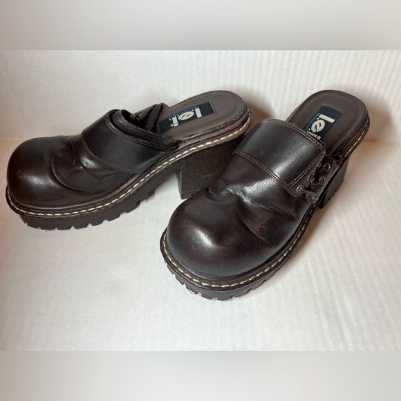 Vintage 90s Grunge Goth EDM Womens 7.5 Chunky Lace Platform Heels Shoes Brown - Picture 3 of 7